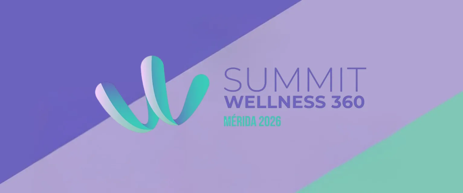 Event banner for Summit Wellness 360 Mérida 2026, featuring a stylized 3D ribbon logo in teal and white over a split purple and mint green background.
